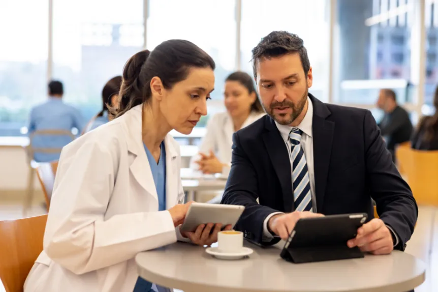 Medical professionals discussing their tablets