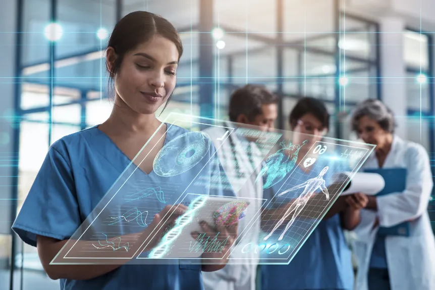 Woman checking tablet with hologram software graphic